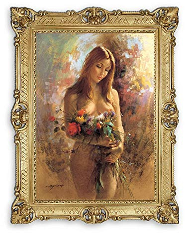 Lnxp Wunderschönes Gemälde 90x70 cm Künstler; C. Parisi Mädchen mit einem Blumenstrauß Sexy Bild Bilder Barock Rahmen Antik Repro Renaissance Kunstreproduktion 58B