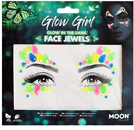 Moon Glow, im Dunkeln leuchtende Gesichtsjuwelen, Festival-Gesichts- und Körperedelsteine, Kristall-Make-up-Augen-Glitzeraufkleber, temporäre Tattoo-Juwelen (Glow Girl) (mehrfarbig, 1 Stück)