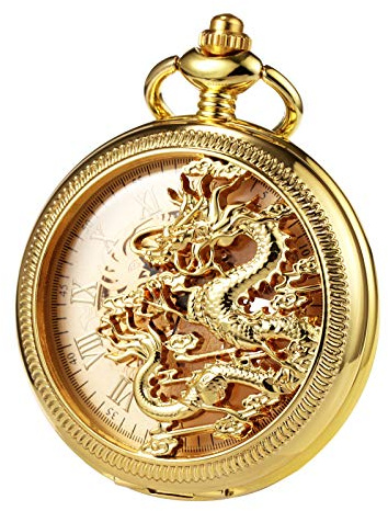 TREEWETO Unisex Taschenuhr mit Kette Analog Handaufzug Mechanisch Antik Drache Skelett Für Herren Damen Schwarz/Gold