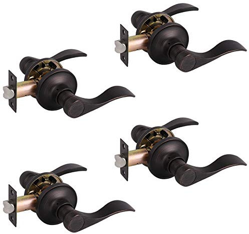 Gobrico Lot de 4 leviers de porte de passage, serrures de porte intérieure, sans clé, pour couloir, placard, pour droitier/gaucher, style levier de chute avec rosace ronde classique, finition bronze