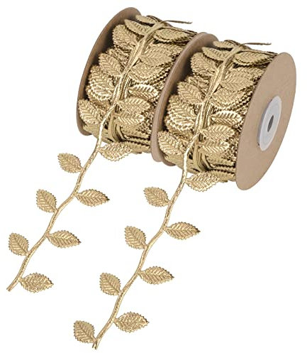 Blätter Streifen Geschenkband 22 Yards Lange Künstliches Blattband für DIY Handwerk Geschenkverpackung und Party Hochzeit Hausgarten Dekoration 2 Rollen (Gold)