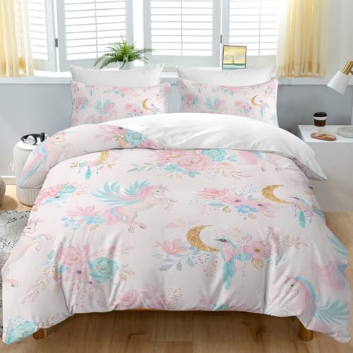 BEDMUST Unicorn Duvet Cover Twin - Soft Cute Pink Unicorn Bedding Set with Flowers Leaves and Blue Birds Print Pattern 3 Piece Unicorn Bed Set for Kids Girls Boys (Twin, Gold Moon)
