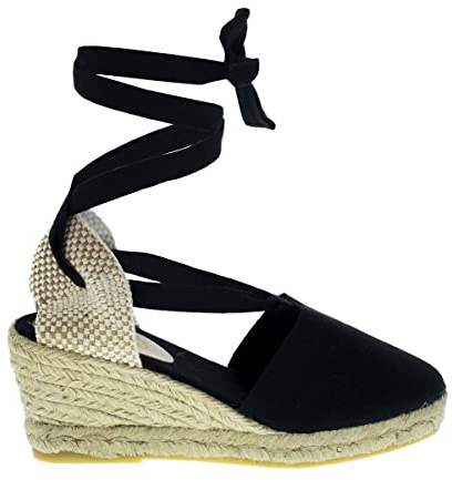 PAYMA - Sandalias Clásicas Cuñas de Esparto Yute de Mujer con Cintas al Tobillo. Hechas en España. Esparteras de Altura Media. Planta Acolchada en Tela. Atadas al Tobillo. Color: Negro, Talla: EU 38