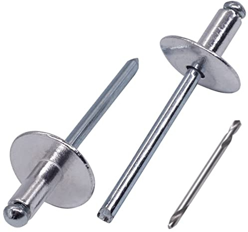 SKIR'CO (30 pcs) Large Flange Aluminium Blind Rivets 4.8 x 10 mm, Steel Mandrel, Drill Bit Included