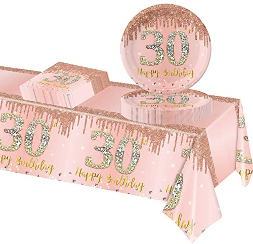 POPOYU 37 Pcs Rose and Gold 30th Birthday Tableware Set, Happy Disposable Dinnerware Set, Rose Paper Plates 9 Inch Napkins Table Cloth for Girls, Women, Her Gifts Party Supplies
