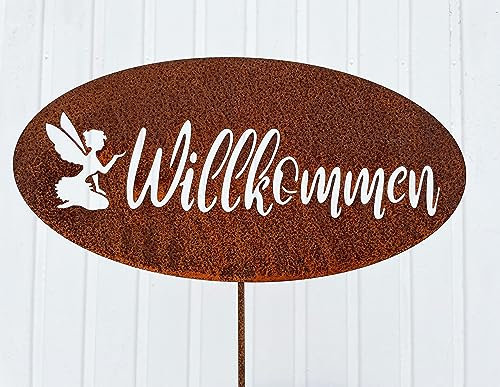 Steinfigurenwelt Gießen Schild Willkommen mit Elfe zum Stecken 40x20cm + Stab Edelrost Gartenstecker Gartendeko Rost Tafel Spruchtafel Metall Türdekoration Geschenk