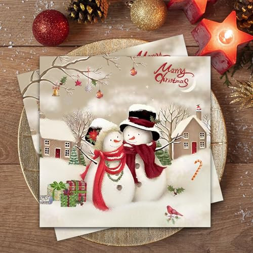 Wentsent 60Stück Weihnachten Servietten, Merry Christmas Servietten, Schneemann Pärchen Papierserviette,Weihnachtliche Tischdekoration, Weihnachtsbaum Winter Paper Napkins, 3-lagig Xmas Servitten