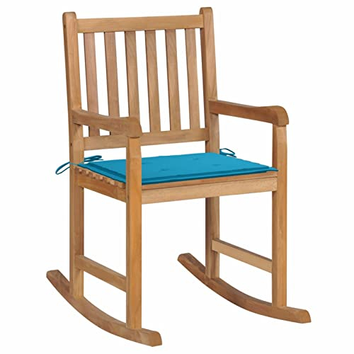 GuyAna Schaukelstuhl mit Blauem Kissen Massivholz Teak Schwingsessel Lesesessel Bequem