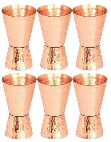 GRAINEX ENGINEER Hammered Pure Solid Copper Double Side Jigger, 1 Ounce and 2 Ounce Cups (Set of 6)