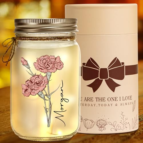 Kenon Personalized Mason Jar Night Light with Birth Flower, Custom Name 16oz Mason Jars Light Home Decoration, Mother Day Gift for Women Mom