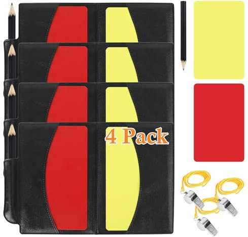 AzReference 4 Pack Soccer Referee Card Set, Red and Yellow Warning Cards with Metal Whistle, Record Paper, Pencil, Card Storage Wallet, Soccer Referee Kit for Football Matches, Training, Sports Games