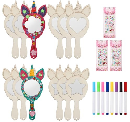 12 Stück Einhorn Spiegel, Holz Einhorn Bastelset, Einhorns Basteln mit Aquarellpinseln,Kindergeburtstag Basteln.Handspiegel Kinder aus Holz geeignet als Bastelset Kindergeburtstag und Kinderzeichenset