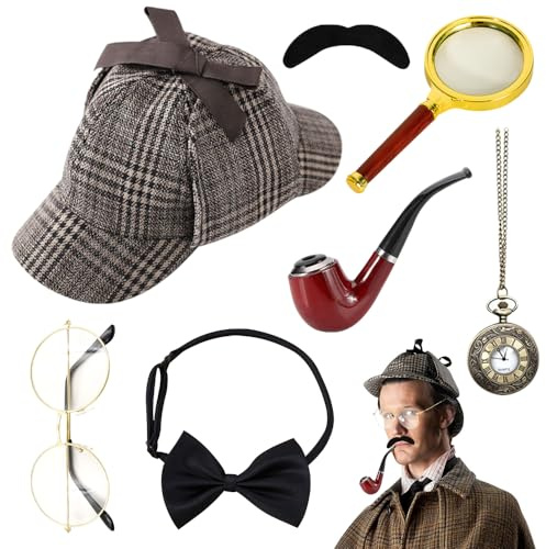 HIULLEN Set Accessori Per Costume Detective,Sherlock Holmes Costume Con Cappello Detective,Lente Ingrandimento,Occhiali In Metallo Accessori Detective Vittoriano Per Bambini Adulti Cosplay Carnevale