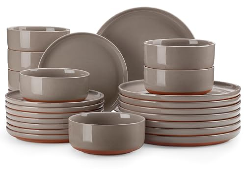 MALACASA Plates and Bowls Sets, 24 Pieces Modern Ceramic Dinnerware Set for 8 Kitchen Dinner Set Stoneware Dishware Dishes Set Microwave and Dishwasher Safe, Brown, Series Tara