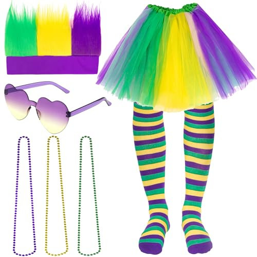 Peirich Mardi Gras Kostüm Zubehör Outfit, beinhaltet geschichteten Tüll Tutu Rock, Mardi Gras Perücken, Brille, Mardi Gras Perlen Halskette für 80er Jahre 90er Geburtstag Mardi Gras Party