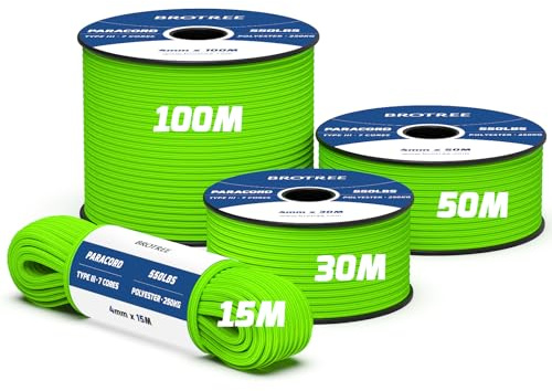 Brotree 550 Paracord 4mm 100m 100% Polyesterrep 7 Trådar Fallskärmslina Typ III Snöre Sladd för Utomhus, Camping, Hundkoppel, Överlevnad, Hantverk - 250kg Brottlast (Neongrön)