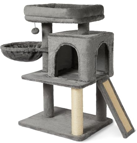 Amazon Basics Mehrstöckiger Kratzbaum für Katzen mit 2 Katzenhäuschen, Hängematte, Sisalrampe, Hängeball, Höhe 76,2 cm, Grau