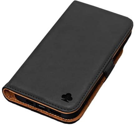 Porter Riley - Lederhülle für iPhone 12 / iPhone 12 Pro (6,1). Hochwertiges Echtleder-Ständer/Cover/Brieftasche/Klapphülle (Schwarz/Hellbraun)
