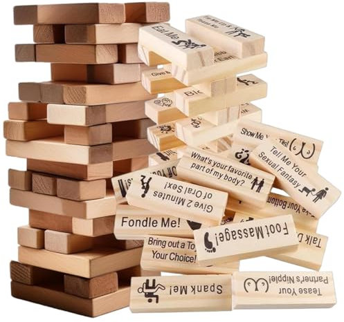 Jeu de 48 tours coquines pour couples – Blocs empilables amusants en bois, jeu d'activités pour rendez-vous galant, idée de Saint-Valentin, jeu de tour de culbute pour adultes, enterrement de vie de