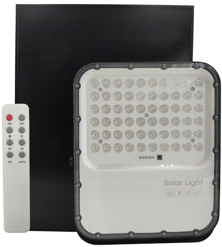 Foco LED Solar Regulable con Mando a Distancia 200W, 20000mA, Proyector Potente Exterior Dimmable, IP65 Impermeable, Luz Blanca 5000K, Placa Solar 20W/5V (200W)