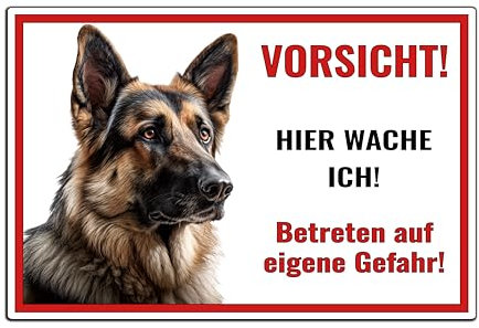 Schild Deutsche Schäferhund Vorsicht Hier wache ich - Betreten auf eigene Gefahr! - Achtung - Hundeschild Warnschild- - Warnung vor dem Hund - M3 (Aluverbund Weiß, 22,5x15 cm)