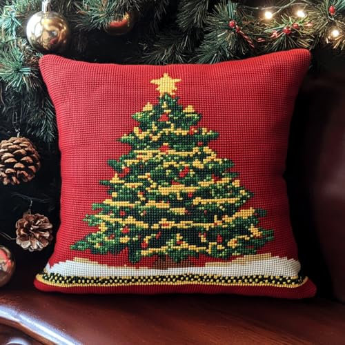 ASONGLINGO Kit de Almohadones con Cierre de Gancho Kit de Cojines para Bordar 43X43cm Funda de Cojín para Sofá,Funda de Almohada Kit de Bordadas Kits(árbol de Navidad)