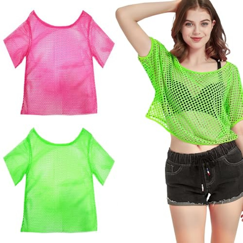 2 Stück Netzshirt Damen 80er Jahre Outfit Damen Pinkes Netzoberteil Damen 80er Netzoberteil Neon Outfit Damen 80er Neon Shirt Damen Ausgestattet Mit Zwei Paar Hohle Blitz Ohrringe