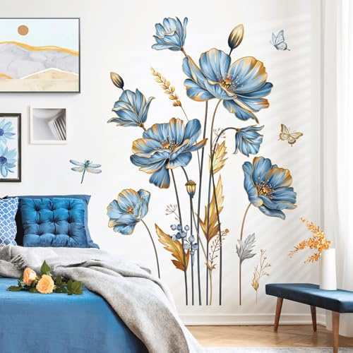 decalmile Adesivi Murali Grande Blu Fiori Adesivi da Parete Fiore Farfalle Floreali Decorazione Murale Camera da Letto Soggiorno Camerette Ragazze
