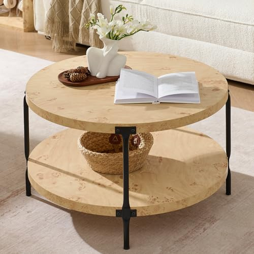 Awescuti Runder Couchtisch aus Boho-Holz – 74 cm großes Bauernhaus, natürliches Holz, 2-stöckig, Couchtisch, Wohnzimmermöbel, 73,9 cm D x 46,5 cm H, Wurzelholz