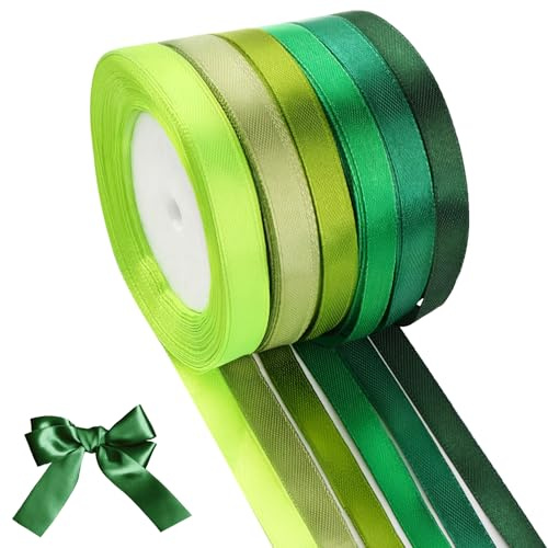 Schleifenband 6 Stück, 22M x 10MM Geschenkband Grün, Satinband Seidiges und Weiches Stoffbänder, Geschenkband für Hochzeit Deco Taufe Geburtstag Bastelarbeiten Geschenkverpackung