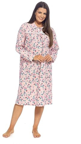 Thingimijigs Camicia da notte da donna in flanella di cotone spazzolato con stampa floreale, maniche lunghe, bordo in sangallo, bottoni sul davanti, lunghezza sotto il ginocchio, rosa o blu, rosa, 10