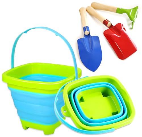 Collapsible Beach Buckets for Kids with 3pcs Metal Shovels, Collapsible Beach Toys for Kids Toddlers, Silicone Pails for Beach Travel Essentials