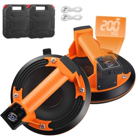 2er set 8Saugheber Fliesenheber Glassauger Tragkraft Max.300KG mit Metallgriff und Tragbarer Kasten für Glas, Laminat, Fliesen & Terrassenplatten (Orange 2 Stück)
