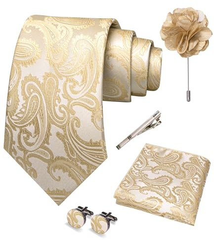 JEMYGINS Paisley Stickerei Design Krawatte Set Herren Einstecktuch Krawattenklammer Manschettenknöpfe Ansteckblume für Hochzeit Party Business Mehrfarbig