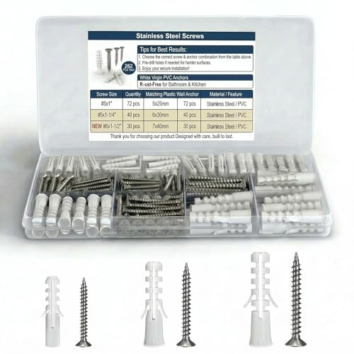 Kit surtido de anclajes y tornillos para paneles de yeso, 262 piezas, tornillos de acero inoxidable y anclajes de PVC para paneles de yeso, yeso, placas de yeso – perfecto para colgar fotos, montaje