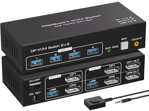 VPFET 4K120Hz Displayport KVM Switch 2 PC 2 Monitore 8K60Hz Dual Monitor DP 1.4 Switches for 2 Computers Teilen 4 USB 3.0 Geräte mit 2 USB 3.0 Kable und Desktop Controller