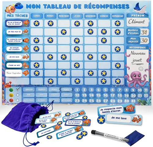 Kidivers Tableau de récompense Enfant avec Humeur & Date – Tableau magnétique comportement & tâches Quotidiennes | Planning Enfant, Routine & Bon Point | autonomie (Océan)