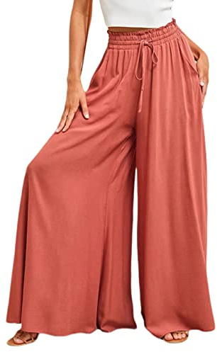 Generisch Damen Hose mit Weitem Bein Casual Leichte Palazzo Hose Freizeithose Hohe Taille Elastisch Sommerhose Elegante Einfarbig Stoffhose mit Taschen Kordelzug