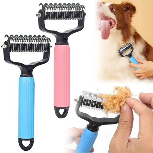 2 in 1 Pet Grooming Tool, Dog Cat Brushes Comb for Grooming Shedding Double Sided Undercoat Rake for Dogs & Cats, Professional Deshedding Brush and Dematting Tool for Long & Short Hair Fur (blue)