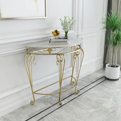 HLDJYLZS Tavolo Consolle Mezzaluna con Gambe in Metallo, Piano MDF, Tavolo Ingresso Semicircolare, Tavolino Divano per Soggiorno, Corridoio, Entrata Decorazione(Gold,35.4 * 17.7 * 31.4in)