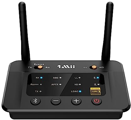 1Mii Receptor Bluetooth HiFi, Transmisor Bluetooth 5.3 TV Adaptador Audio con Audiophile ESS DAC& AptX HD Baja Latencia, Largo Alcance, Salida Entrada óptica RCA AUX 3,5 mm para Estéreo