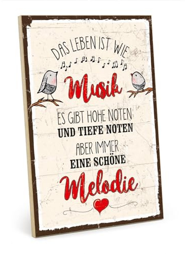 TypeStoff Holzschild mit Spruch – Musik – im Vintage-Look mit Zitat als Geschenk und Dekoration zum Thema So ist das Leben - HS-00901