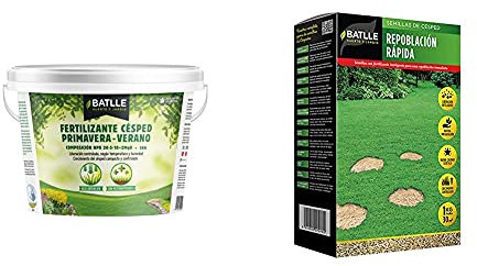 Semillas Batlle Abonos - Fertilizante Cesped Primavera-Verano Cubo 5Kg - + Césped Repoblación Rápida 1Kg -