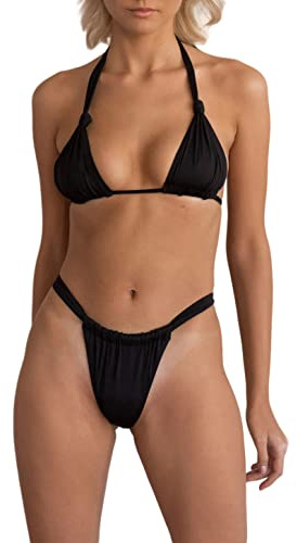 fatty tiger Sexy Brazilian Bikini Sets for Women High Cut 2PCS Thong Swimsuit Tie Knot Ruched Swimwear, Black, Large