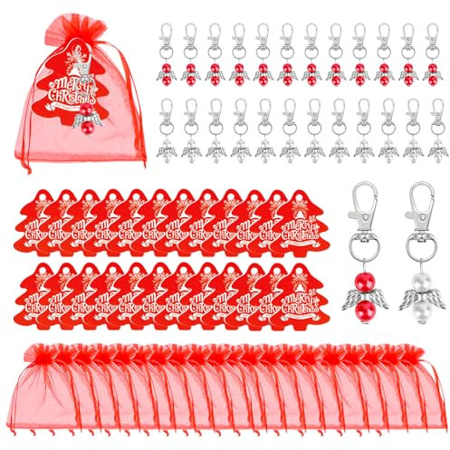 Schutzengel Anhänger Weihnachtsgeschenke 24 stück, RUNEAY Gastgeschenke mit Organza Beutel Weihnachtsbaum Karte für Weihnachten, Kleine Weihnachtsgeschenke für Frauen, Kollegen, Kinder