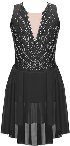 CHICTRY Kürkleider Eiskunstlauf Kinder Mädchen Strass Glitzer Tanzkleid Ärmellos Ballettbody Patchwork Trikot Leotard Mit Chiffon Rock Dancewear Schwarz 170-176