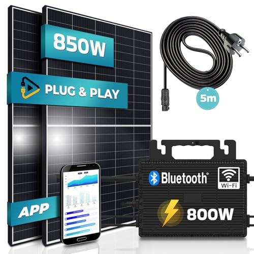 SUNNIVA® 850W Balkonkraftwerk 800W komplett Steckdose - Astro-Energy 800W Micro Wechselrichter - PV Solaranlage Komplettset - 2x 425W (850W) Solarmodule - inkl. 5m Kabel - Bluetooth WIFI