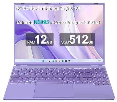 PC Portatile 16 Pollici Computer Portatile Win11 12+512GB SSD Espansione 1TB N5095 fino a 2.9Ghz, Notebook Laptop Ventola di Raffreddamento丨5GWIFI丨2K FHD丨Mini HDMl丨Membrana Tastiera Italiana- Viola