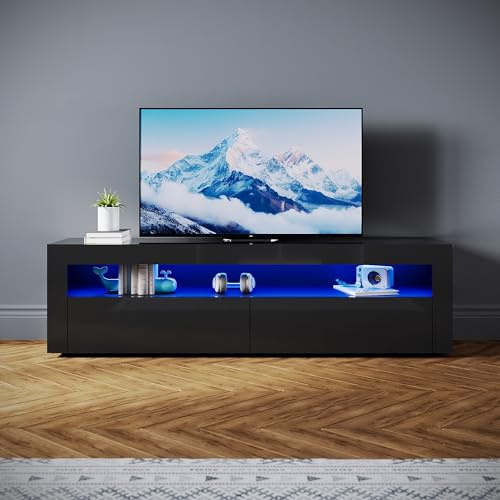 SONNI Lowboard mit LED (16 Farben), 2 Türen, Hochglanz Schwarz, 160x40x45cm