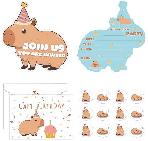 FloralGrace 12 confezioni di biglietti di invito per feste di compleanno Capybara, inviti festa Capybara con buste e adesivi per compleanno e baby shower (10x15